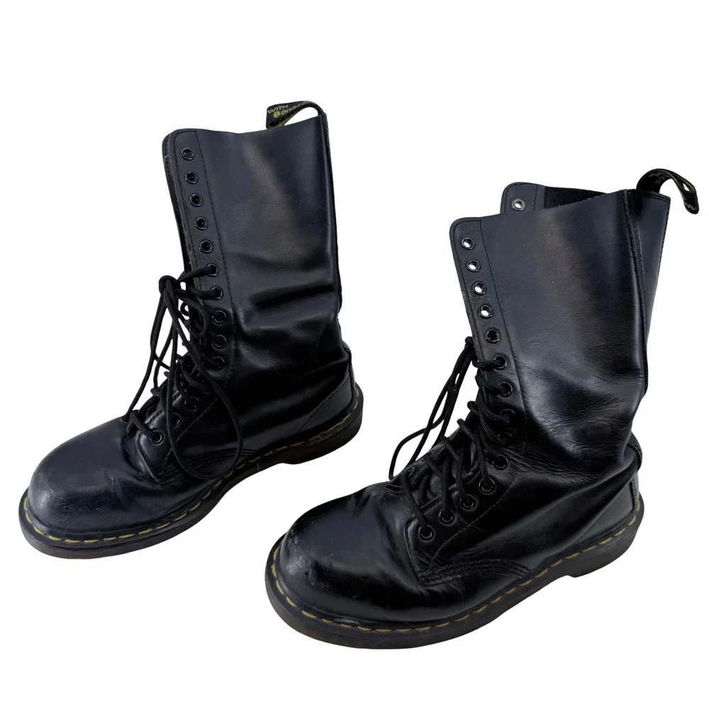 Dr Martens 1490 Black Leather 14 Eye Hole Combat Boots US Men 7 Women‎ 8 UK 6